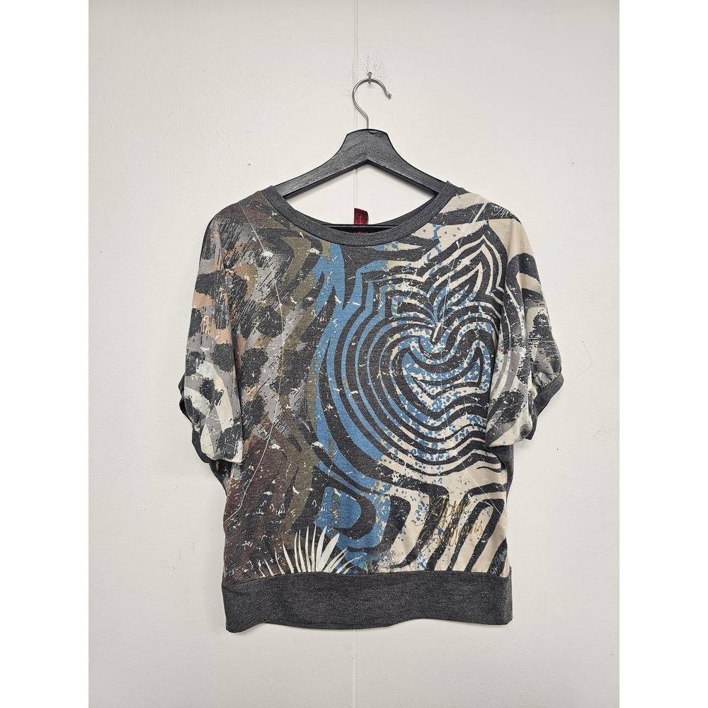 Y2K Apple Bottoms Shirt Womens Large‎ Gray Animal Print Dolman Rhinestone Blouse